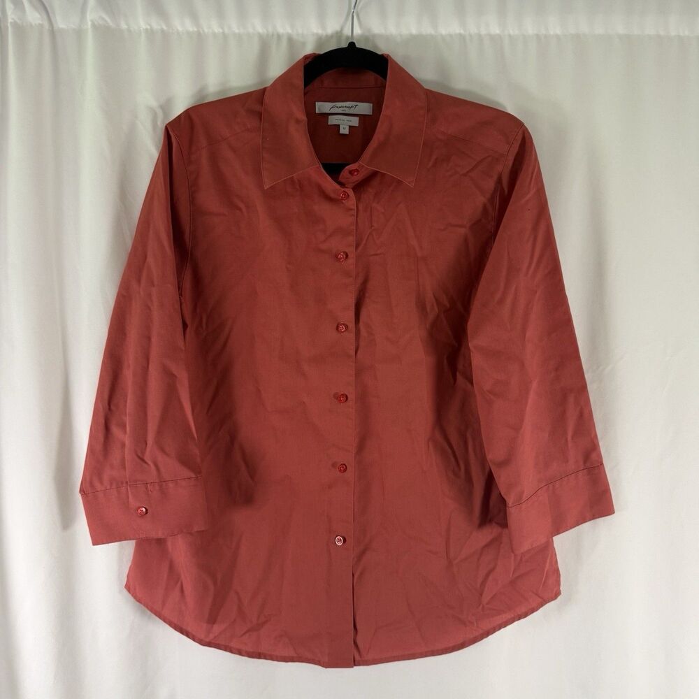 Foxcroft NYC Dress Shirt Women's 12 Coral Button Up Wrinkle Free 3/4 Sleeve